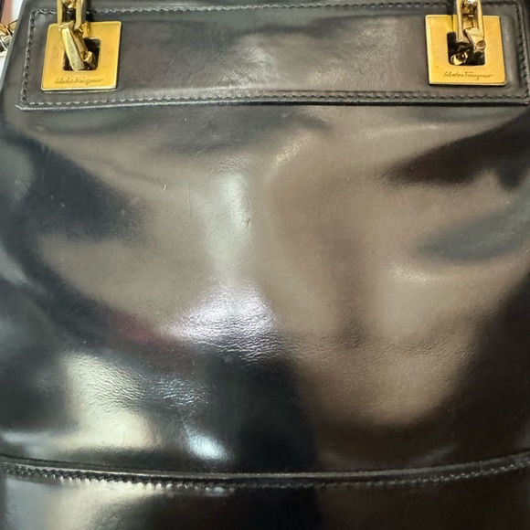 Salvatore Ferragamo Black Patent Leather Shoulder Bag with Gold-Tone Chain - Picture 7 of 11